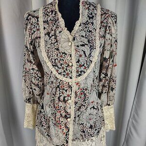 213 by Michelle Kim Multicolor Long Lace Sleeve Victorian Inspired Blouse Sz S